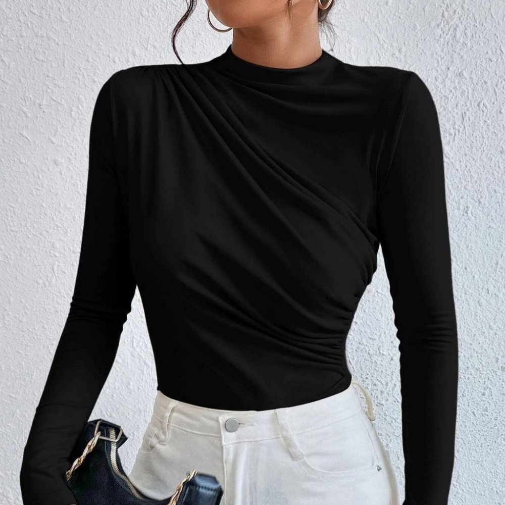 Minimalist Ruched Solid Bodysuit black